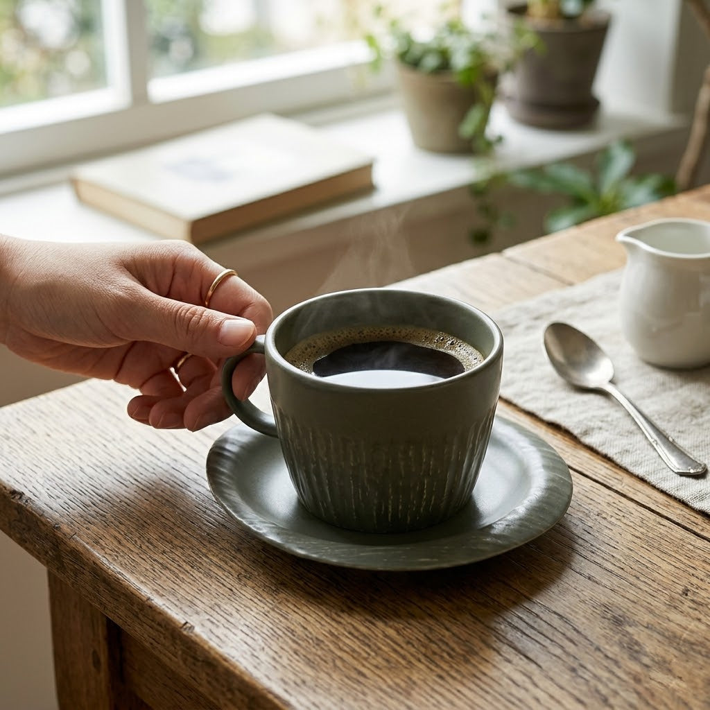Stone-Textured Coffee Cup and Saucer Set